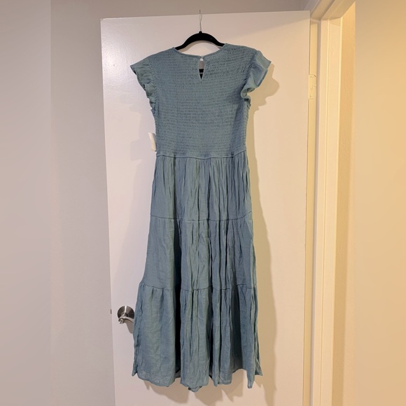 Blue/green flutter sleeve midi dress with ruched bodice size large - Picture 5 of 7